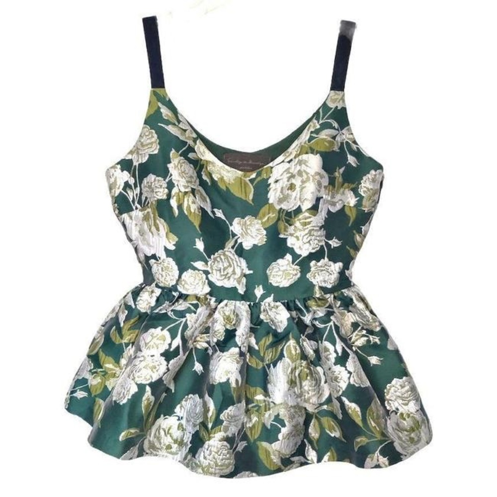 Anthropologie Sunday in Brooklyn Floral Green Jaquard Peplum Top XS Like New